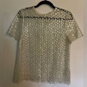 Kate Spade Womens Semi Sheer Short Sleeve Top Embroidered Gold Flowers Scallop